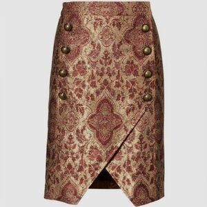Brocade Gold and Burgundy Pencil Skirt with Button Accents